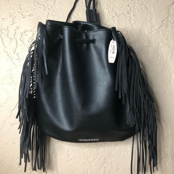 black fringe backpack purse